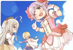  3girls ahoge blonde_hair blue_skirt blue_sky blush bow breasts brown_eyes brown_skirt cape cloud commentary cosplay day detached_sleeves gloves grey_eyes grey_hair hair_between_eyes hair_over_one_eye hands_up highres hoshi_syoko idolmaster idolmaster_cinderella_girls kaname_madoka kaname_madoka_(cosplay) kaname_madoka_(magical_girl) kawaii_boku_to_142&#039;s_(idolmaster) koshimizu_sachiko long_hair long_sleeves mahou_shoujo_madoka_magica miki_sayaka miki_sayaka_(cosplay) miki_sayaka_(magical_girl) multiple_girls outdoors outstretched_arms pleated_skirt puffy_long_sleeves puffy_short_sleeves puffy_sleeves red_bow shirasaka_koume shirt short_eyebrows short_hair short_sleeves skirt sky small_breasts spread_arms thick_eyebrows tomoe_mami tomoe_mami_(cosplay) tomoe_mami_(magical_girl) very_long_hair white_cape white_gloves white_shirt white_skirt white_sleeves yukie_(kusaka_shi) 