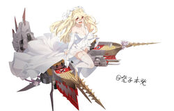  absurdres alternate_costume azur_lane bare_shoulders black_footwear blonde_hair bluecher_(azur_lane) breasts bridal_gauntlets bride cleavage dress dzaxz_(1429860910) earrings female garter_straps highres jewelry long_dress long_hair medium_breasts oerba_yun_fang open_mouth red_eyes rigging simple_background skin_fang solo thighhighs wedding_dress white_background white_dress white_garter_straps white_thighhighs 