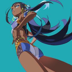  absurdres aqua_eyes armband ass bare_arms bare_legs belly_chain bikini black_hair blue_eyeshadow crop_top dark-skinned_female dark_skin earrings eyeshadow female from_below hair_bun hands_on_own_hips highres hoop_earrings jewelry long_hair makeup multicolored_hair nessa_(pokemon) pokemon pokemon_swsh shorts simple_background single_hair_bun solo swimsuit tankini two-tone_hair yoneyama_mai 