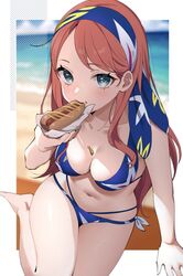  aida_rayhunton aqua_eyes arm_support barefoot beach beach_mat bikini blue_bikini blue_hairband blurry blurry_background blush border breasts campbell_xx cleavage cloud cloudy_sky collarbone commentary_request day depth_of_field eating female food food_on_body food_on_breasts food_on_face groin gundam gundam_g_no_reconguista hair_behind_ear hairband halftone highleg highleg_bikini highres holding holding_food horizon hot_dog long_hair looking_at_viewer looking_up medium_breasts multi-strapped_bikini_bottom mustard napkin navel ocean orange_hair outdoors outside_border parted_bangs print_bikini print_hairband sexually_suggestive side-tie_bikini_bottom sitting skindentation sky solo swept_bangs swimsuit thighs very_long_hair water white_border yokozuwari 