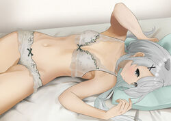  armpits bed bed_sheet black_bow black_ribbon blush bow bra breasts cleavage collarbone commission fake_horns female grey_eyes grey_hair hair_ornament highres horned_headwear horns i-201_(kancolle) kantai_collection lace lace-trimmed_bra lace_trim light_smile long_hair looking_at_viewer low_twintails lying medium_breasts navel on_back on_bed panties pillow pixiv_commission ribbon sidelocks solo stomach tama_(tamago) turning_head twintails underwear underwear_only white_bra white_panties x_hair_ornament 