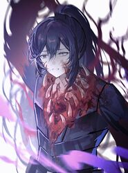  1boy arm_up black_vest blood blue_hair body_horror bonno_sasu clenched_teeth e.g.o_(project_moon) extra_teeth flesh high_ponytail highres hong_lu_(project_moon) limbus_company long_hair male_focus project_moon sidelocks simple_background solo teeth very_long_hair vest wayward_passenger white_background 