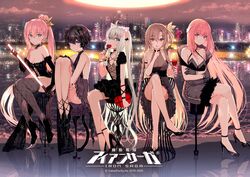  5girls ahoge alcohol animal_ears arm_strap bare_legs bare_shoulders bell black_dress black_footwear black_gloves black_hair black_nails blush box braid breasts brown_hair butterfly_hair_ornament candy cat_ears city cleavage closed_mouth cloud collarbone copyright_name criss-cross_halter cross-laced_clothes crossed_arms crossed_legs cup dress drinking_glass eating elbow_gloves evening_gown finger_to_mouth food frilled_dress frills full_body fur-trimmed_dress fur-trimmed_gloves fur_trim gift gift_box gloves glowing guinevere_(iron_saga) hair_bell hair_ornament hairclip halter_dress halterneck heart heart_hair_ornament high_heels high_ponytail highres hitomi_(iron_saga) holding holding_cup holding_food holding_gift hugging_own_legs index_finger_raised iron_saga jingle_bell knees_up lollipop long_hair medium_breasts meruru_(iron_saga) multiple_girls nail_polish night official_art one_side_up outdoors pink_hair ponytail purple_eyes red_eyes red_nails reflective_floor river sasaki_hikaruko_(iron_saga) second-party_source short_dress short_hair shushing side_braid sitting sleeveless sleeveless_dress small_breasts smile stool strapless strapless_dress thighhighs twin_braids valentine vanessa_(iron_saga) very_long_hair water white_hair wine wine_glass wristband yadapot 