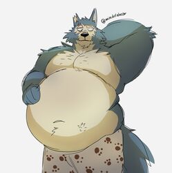  anthro beastars belly big_belly black_nose blue_body blue_fur canid canine canis clothing cream_belly eye_scar facial_scar fluffy fur hand_behind_head hand_on_belly hands_on_belly hi_res legoshi_(beastars) looking_at_viewer male mammal mindof navel notched_ear obese overweight overweight_anthro overweight_male pawprint_print pecs print_clothing print_underwear scar simple_background solo underwear white_background wolf 