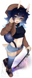  animal_humanoid blue_hair bottomwear clothed clothing crop_top cutoffs daisy_dukes denim denim_bottomwear denim_clothing eyewear female footwear freckles fully_clothed gastropod gastropod_humanoid glasses goomy_(gwagwagwa) hair hat headgear headwear hi_res hotpants humanoid jewelry legwear midriff mollusk mollusk_humanoid necklace open_mouth round_glasses shell shirt shoes shorts skateboard snail_humanoid solo tail tan_body thigh_highs thong_straps topwear vehicle watermark yoako 