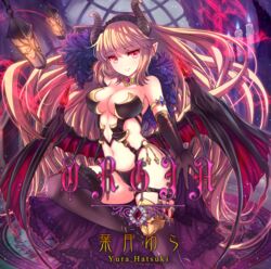  album_cover album_name arm_behind_head armlet aura black_hairband black_thighhighs blonde_hair blue_gemstone breasts candle cleavage closed_mouth commentary_request cover demon_girl demon_horns demon_wings female frilled_hairband frills gem gloves hairband horns jewelry lamp long_hair looking_at_viewer magic_circle navel neck_ring original pointy_ears purple_gemstone reaching reaching_towards_viewer second-party_source slit_pupils smile solo thighhighs thighs tochigi_kirihito very_long_hair wings 