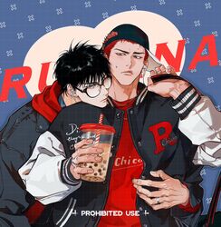  2boys bespectacled black-framed_eyewear black_hair black_jacket brown_eyes bubble_tea chains chimmyming cup earbuds earphones earrings glasses grey_hair heart highres holding holding_cup jacket jewelry letterman_jacket long_sleeves looking_at_another male_focus messy_hair multiple_boys red_hair red_shirt ring rukawa_kaede sakuragi_hanamichi shared_earphones shirt sideways_hat silver_ring slam_dunk_(series) sweatdrop yaoi 