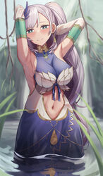  absurdres armpits arms_up ars_rg0412 blue_dress blue_eyes blush breasts cleavage closed_mouth clothing_cutout commission detached_sleeves dress feather_hair_ornament feathers female grey_hair hair_ornament highres hololive hololive_indonesia large_breasts long_hair looking_at_viewer navel pavolia_reine pavolia_reine_(1st_costume) see-through see-through_sleeves side_ponytail skeb_commission sleeveless sleeveless_dress smile solo stomach_cutout very_long_hair virtual_youtuber wading water white_sleeves 