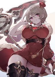  asc11 belt black_footwear boots breasts brown_hair chinese_commentary commentary_request crown dress female flag food from_below fruit grin hair_over_one_eye heart highres holding holding_scythe holding_weapon honkai_(series) honkai_impact_3rd jewelry large_breasts long_sleeves looking_at_viewer mini_crown mole mole_under_eye pink_eyes purple_eyes red_dress rita_rossweisse rita_rossweisse_(umbral_rose) scythe short_hair simple_background smile solo thigh_boots thighhighs thighs weapon white_background 