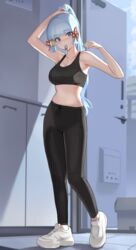  absurdres black_pants black_sports_bra blue_nails breasts cleavage dolri female full_body genshin_impact hair_tie_in_mouth high_ponytail highres kamisato_ayaka long_hair medium_breasts midriff mouth_hold navel pants ponytail shoes sneakers solo sports_bra standing stomach tying_hair very_long_hair white_footwear yoga_pants 