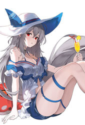  arknights arm_support blue_shorts blush breasts champagne_flute cleavage commentary cup drink drinking_glass feet_out_of_frame female grey_hair grey_shirt hat highres holding holding_drink inflatable_orca inflatable_toy knees_up long_hair looking_at_viewer medium_breasts midriff_peek off-shoulder_shirt off_shoulder parted_lips red_eyes shan_(ti0n) shirt shorts simple_background skadi_(arknights) skadi_(waverider)_(arknights) solo sun_hat teeth thigh_strap very_long_hair white_background white_hat 