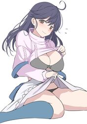  black_hair black_panties blue_socks bra breasts brown_eyes clothes_lift commentary_request female flying_sweatdrops grey_bra highres kantai_collection ken_(shutenndouji1) long_hair official_alternate_costume panties simple_background sitting skirt socks solo sweater sweater_lift underwear ushio_(kancolle) wariza white_background white_skirt white_sweater 