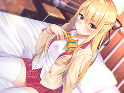  bed bed_sheet blonde_hair blush braid brown_eyes female hair_between_eyes hair_ribbon highres indoors infirmary jacket looking_at_viewer non-web_source original pillow plaid plaid_skirt pleated_skirt red_skirt ribbon school_uniform shirt sidelocks sitting skirt solo super_nagoyaka thighhighs tile_floor tiles untucked_shirt wariza white_shirt white_thighhighs yellow_jacket zettai_ryouiki 