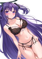  :&lt; absurdres bare_arms bare_shoulders black_bra black_panties blue_archive blush bra breasts cleavage closed_mouth collarbone commentary_request dutch_angle female hair_ornament halo head_tilt highres katsushika_pachi large_breasts long_hair mechanical_halo multi-strapped_panties navel panties purple_eyes purple_hair simple_background solo stomach two_side_up underwear underwear_only very_long_hair white_background yuuka_(blue_archive) 