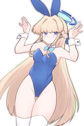  animal_ears arms_up bare_shoulders blonde_hair blue_archive blue_bow blue_bowtie blue_eyes blue_hair blue_halo blue_leotard blush bow bowtie braid breasts closed_mouth collar commentary fake_animal_ears female groin hairbow halo highres kujou_karasuma leotard long_hair looking_at_viewer multicolored_hair official_alternate_costume playboy_bunny rabbit_ears simple_background small_breasts solo strapless strapless_leotard streaked_hair thighhighs toki_(blue_archive) toki_(bunny)_(blue_archive) very_long_hair white_background white_collar white_thighhighs wing_collar wrist_cuffs 