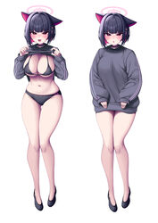  absurdres animal_ears black_bra black_choker black_footwear black_hair black_panties blue_archive blush bra breasts cat_ears choker clothes_lift colored_inner_hair extra_ears fangs female grey_shirt halo highres kazusa_(blue_archive) large_breasts lifting_own_clothes looking_at_viewer metaljelly multicolored_hair multiple_views navel open_mouth panties pink_hair pink_halo red_eyes shirt shirt_lift shoes short_hair simple_background sleeves_past_wrists underwear white_background 