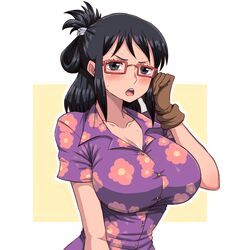  absurdres adjusting_eyewear black_eyes black_hair blush border breasts brown_gloves buttons cleavage collarbone collared_shirt commentary english_commentary female floral_print folded_hair from_side gloves hair_ornament hairclip half_updo highres large_breasts looking_at_viewer medium_hair one_piece outline outside_border print_shirt purple_shirt rectangular_eyewear red-framed_eyewear scowl shirt short_hair short_sleeves sidelocks simmsy simple_background tashigi teeth upper_body upper_teeth_only v-shaped_eyebrows white_border wing_collar yellow_background 