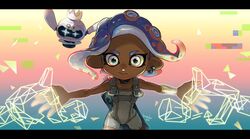  2girls agent_8_(splatoon) artist_name blue_background bodysuit closed_mouth crown dark-skinned_female dark_skin dual_wielding earrings floating gradient_background grey_hair hanako515_ika highres holding hologram hoop_earrings jewelry letterboxed medium_hair multicolored_background multiple_girls non-humanoid_robot octoling octoling_girl octoling_player_character order_dualies_(splatoon) pearl_drone_(splatoon) pink_background robot single_earring sleeveless sleeveless_bodysuit splat_dualies_(splatoon) splatoon_(series) splatoon_3 splatoon_3:_side_order star-shaped_pupils star_(symbol) symbol-shaped_pupils tentacle_hair upper_body white_background white_bodysuit white_eyes 