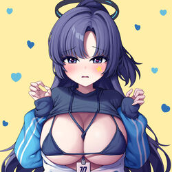  absurdres bikini black_shirt blue_archive blue_jacket blush breasts facial_mark female halo heart heart-shaped_pupils highres id_card jacket lanyard large_breasts long_hair long_sleeves looking_at_viewer mechanical_halo metaljelly micro_bikini official_alternate_costume open_mouth ponytail purple_eyes purple_hair shirt solo star_(symbol) swimsuit symbol-shaped_pupils track_jacket yuuka_(blue_archive) yuuka_(track)_(blue_archive) 