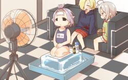  3girls ahoge bangs_pinned_back bare_arms bare_legs bare_shoulders barefoot black_hoodie blonde_hair blue_one-piece_swimsuit blush check_commentary checkered_floor closed_eyes commentary_request couch electric_fan flower_pot green_shirt grey_eyes grey_hair hair_over_one_eye highres hood hood_down hoodie hoshi_syoko ice_block idolmaster idolmaster_cinderella_girls indoors kawaii_boku_to_142&#039;s_(idolmaster) koshimizu_sachiko multiple_girls mushroom name_tag on_couch one-piece_swimsuit open_mouth plaid plaid_skirt plant pleated_skirt potted_plant profile red_skirt seiza shirasaka_koume shirt short_hair short_sleeves sitting skirt smile sweat swimsuit tile_floor tiles white_skirt yukie_(kusaka_shi) 