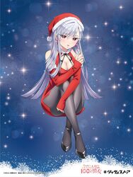  absurdres black_pantyhose breasts christmas cleavage earrings eiai_nano female grey_hair hair_between_eyes hat heart heart_earrings high_heels highres jewelry kimi_no_koto_ga_dai_dai_dai_dai_daisuki_na_100-nin_no_kanojo large_breasts looking_at_viewer official_art open_mouth pantyhose red_eyes santa_hat snowflakes solo yano_akane 