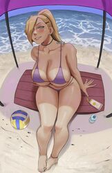  arm_support artist_name ball barefoot beach bikini blue_eyes blush breasts cleavage collarbone feet female full_body gud0c hair_over_one_eye highres ino_yamanaka large_breasts long_hair looking_at_viewer nail_polish naruto_(series) ocean paid_reward_available ponytail purple_bikini sand sideboob sitting smile solo swimsuit teeth toenail_polish toenails toes underboob volleyball_(object) 