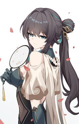  absurdres bare_shoulders black_hair blue_eyes breasts chinese_clothes clothing_cutout commentary_request czk female gloves hair_intakes highres holding honkai:_star_rail honkai_(series) large_breasts long_hair looking_at_viewer ponytail revision ruan_mei_(honkai:_star_rail) short_sleeves shoulder_cutout sidelocks simple_background solo upper_body white_background 