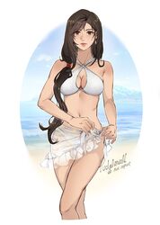  alternate_costume artist_name bare_arms bare_shoulders beach bikini black_hair blue_sky breasts brown_hair cleavage closed_mouth cloud cloudy_sky commentary commission criss-cross_halter earrings english_commentary feet_out_of_frame female final_fantasy final_fantasy_vii final_fantasy_vii_rebirth final_fantasy_vii_remake hair_over_shoulder halterneck highres jewelry large_breasts long_hair looking_at_viewer navel ocean pudelmudel red_eyes sand sarong see-through see-through_sarong single_earring sky solo stomach swept_bangs swimsuit teardrop_earrings tifa_lockhart very_long_hair white_bikini white_sarong 