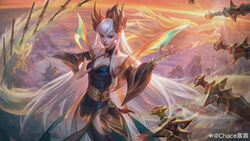  absurdres artist_name blue_eyes breasts chace_chen_chen chinese_commentary cleavage closed_mouth cloud commentary_request cowboy_shot detached_sleeves divine_sword_irelia dragon earrings eastern_dragon female fingernails hair_between_eyes highres irelia jewelry large_breasts league_of_legends long_hair looking_at_viewer mountain multiple_swords official_alternate_costume official_alternate_hairstyle outdoors rock sidelocks sky solo standing sunlight sunset white_hair 