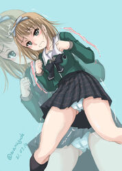  22/7 black_bow black_skirt black_socks blonde_hair blouse blue_panties blush bow cameltoe clenched_hands collared_shirt commentary_request crotch_seam dated female frown green_background green_eyes green_shirt hair_ribbon highres kneehighs leaning_forward long_sleeves looking_at_viewer miniskirt open_mouth panties pantyshot plaid plaid_skirt pleated_skirt ribbon saito_nicole school_uniform shirt short_hair skirt socks solo standing tearing_up trembling twitter_username underwear wan&#039;yan_aguda zoom_layer 