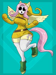  anthro belt belted_breasts big_breasts boots breasts clothed clothing cutie_mark diamond_grenadier equid equine female fluttershy_(mlp) footwear friendship_is_magic green_boots green_clothing green_footwear hair hasbro hi_res hooves horse legwear mammal mario_bros my_little_pony nintendo pink_hair pony shyguy solo spread_wings thigh_highs tight_clothing wings yellow_body 