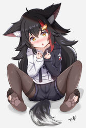  absurdres animal_ear_fluff animal_ears black_hair black_pantyhose blush boppin cameltoe feet female hair_ornament highres hololive long_hair looking_at_viewer multicolored_hair no_shoes oerba_yun_fang ookami_mio ookami_mio_(casual) pantyhose paw_print paw_print_soles red_hair skin_fang soles spread_legs streaked_hair tail toes torn_clothes torn_pantyhose two-tone_hoodie virtual_youtuber wolf_ears wolf_girl wolf_tail yellow_eyes 