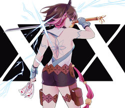  absurdres aihira_(aihira12) azure_striker_gunvolt azure_striker_gunvolt_3 bare_back bare_shoulders black_shorts blue_eyes body_markings brown_hair earrings electricity from_behind highres holding holding_sword holding_weapon horn_ornament horns jewelry kirin_(gunvolt) multicolored_hair pink_hair red_hair short_hair shorts sword talisman weapon 