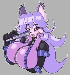  anthro big_breasts breasts bust_portrait clothing cyberconnect2 domestic_cat felid feline felineko felis female fur hair hi_res lipstick little_tail_bronx makeup mammal opera_kranz portrait purple_body purple_fur purple_hair russian_blue solatorobo solratic spiked_clothing spikes 