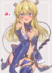  :3 :d arm_at_side bare_shoulders blonde_hair blue_thighhighs blush breasts cleavage commentary crossed_bangs dark-skinned_female dark_skin demon_girl demon_horns demon_tail detached_collar detached_sleeves female frilled_sleeves frills garter_straps gradient_background hair_between_eyes hand_up heart highres horns knee_up lilith_(machikado_mazoku) long_hair long_sleeves looking_at_viewer lovestruck machikado_mazoku nokia_hiyou oerba_yun_fang open_mouth purple_eyes simple_background sitting small_breasts smile solo spoken_heart tail thighhighs tsurime wide_sleeves 