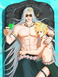  2boys abs afloat armlet bead_bracelet beads biceps black_skirt blonde_hair blue_eyes blue_flower bracelet cloud_strife couple cup drink final_fantasy final_fantasy_vii flower frost9792 glass grey_hair hair_flower hair_ornament hand_on_another&#039;s_shoulder hand_on_another&#039;s_waist highres holding holding_cup holding_drink inflatable_raft inflatable_toy jewelry knee_up large_pectorals leg_between_thighs light_smile long_hair lying male_focus matching_ring multiple_boys muscular muscular_male necklace on_back outdoors pectorals pink_flower pool ring sephiroth shell shell_necklace short_hair skirt spiked_hair summer sunglasses thigh_strap toned toned_male topless_male upper_body water wedding_ring yaoi yellow_flower 