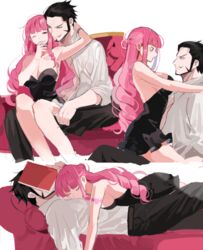  1boy arm_tattoo bad_id bad_twitter_id bat_tattoo black_hair black_pants blunt_bangs book_on_lap breasts cleavage commentary_request couch dracule_mihawk dress drill_hair facial_hair female half_updo joman korean_commentary lying lying_on_person on_couch one_piece pants perona pink_hair shirt short_dress simple_background strapless strapless_dress tattoo watch white_shirt wristwatch 