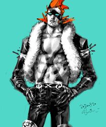  1boy belt blue_background commentary cowboy_shot dated eye_mask fur-trimmed_jacket fur_trim gloves hand_on_own_hip jacket kotteri male_focus one_piece orange_hair partially_colored sideburns simple_background solo torso x_drake 