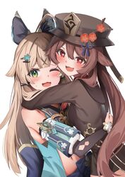  2girls ahoge armpit_crease black_shorts blonde_hair blunt_bangs blush bow brown_bow brown_hair cat_girl coattails collared_coat crossed_bangs detached_sleeves dot_nose elbow_sleeve flower flower-shaped_pupils genshin_impact hair_between_eyes hair_ears hair_ornament hairbow hairclip hat hat_flower hat_tassel hu_tao_(genshin_impact) hug kirara_(genshin_impact) large_bow long_hair looking_at_viewer mizuki_ryuu multiple_girls navel one_eye_closed plum_blossoms porkpie_hat red_eyes shorts simple_background sweatdrop symbol-shaped_pupils white_background 