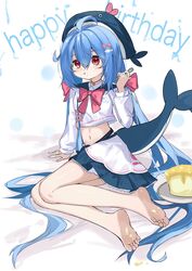  ahoge arm_support bare_legs bell blue_headwear blue_skirt blue_tail blush borrowed_character bow bowtie cake cetacean_tail collared_shirt cropped_shirt eating feet female fins fish_tail food food_on_body full_body hair_between_eyes hair_ornament hairbow hand_up happy_birthday highres holding holding_spork kakyouin2002 legs long_hair long_sleeves midriff miniskirt navel neck_bell on_ground original pink_bow pink_bowtie plate pleated_skirt red_eyes sailor_collar shirt sitting skirt soles solo spork tail thighs toes very_long_hair yokozuwari 