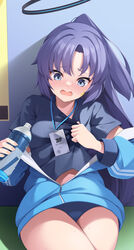  black_shirt blue_archive blue_buruma blue_eyes blue_jacket blush bottle buruma cowboy_shot female halo highres holding holding_bottle id_card jacket lanyard long_hair long_sleeves mechanical_halo mofu_namako official_alternate_costume open_mouth partially_unzipped ponytail purple_hair revision shirt short_sleeves solo thighs track_jacket water_bottle yuuka_(blue_archive) yuuka_(track)_(blue_archive) 