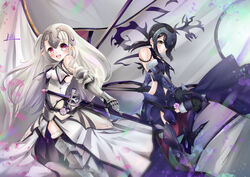  2girls armor armored_boots armored_dress bare_shoulders black_dress black_hair black_thighhighs blush boots breast_curtains breasts brown_eyes chains collar cosplay dress fate/grand_order fate/kaleid_liner_prisma_illya fate_(series) faulds flag fur-trimmed_legwear fur_trim gauntlets hair_ornament hairclip headpiece illyasviel_von_einzbern jeanne_d&#039;arc_(fate) jeanne_d&#039;arc_(ruler)_(fate) jeanne_d&#039;arc_(ruler)_(fate)_(cosplay) jeanne_d&#039;arc_(third_ascension)_(fate) jeanne_d&#039;arc_alter_(avenger)_(fate) jeanne_d&#039;arc_alter_(avenger)_(fate)_(cosplay) jeanne_d&#039;arc_alter_(avenger)_(third_ascension)_(fate) jeanne_d&#039;arc_alter_(fate) long_hair looking_at_viewer metal_collar miyu_edelfelt multiple_girls pei_iriya plackart polearm red_eyes sidelocks small_breasts sword thighhighs thighs twintails weapon white_dress white_hair 