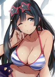  absurdres bikini black_hair blue_bikini breasts cleavage closed_mouth collarbone eyewear_on_head female gengoroh grey_eyes highres large_breasts long_hair looking_at_viewer love_live! love_live!_nijigasaki_high_school_idol_club one_eye_closed smile solo star-shaped_eyewear star_(symbol) striped_bikini striped_clothes sunglasses swimsuit yuki_setsuna_(love_live!) 