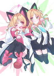  2girls animal_ear_headphones animal_ears black_skirt black_thighhighs blonde_hair blue_archive blue_bow blue_necktie blush boots bow cat_tail closed_mouth collared_shirt fake_animal_ears giorgio_(yo_sumire_sola1) green_eyes green_halo hairbow halo headphones highres jacket long_sleeves midori_(blue_archive) momoi_(blue_archive) multiple_girls necktie one_eye_closed open_clothes open_jacket open_mouth pink_footwear pink_halo red_bow red_eyes shirt short_hair siblings sisters skirt smile tail thighhighs twins white_jacket white_shirt wide_sleeves 