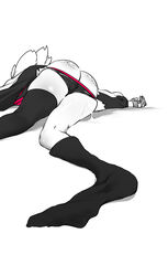  absurdres ass ass_blush ass_focus bandaged_hand bandages bite_mark bite_mark_on_ass black_shorts black_thighhighs clothes_pull counter-attack cropped_jacket curvy defeat face_down feet_out_of_frame female highres knee_blush lying niwamaru_(niwarhythm) niwarhythm no_shoes on_floor on_stomach original pants pants_pull pink_trim removing_legwear saliva saliva_drip saliva_on_ass saliva_trail shiny_skin short_shorts shorts solo strapless thick_thighs thighhighs thighs tube_top white_background 