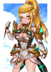  absurdres alternate_costume bare_shoulders blonde_hair breasts cosplay female fire_emblem fire_emblem_engage hair_slicked_back high_ponytail highres jade_(fire_emblem) large_breasts mythra_(xenoblade) mythra_(xenoblade)_(cosplay) oniisan02b sidelocks xenoblade_chronicles_(series) xenoblade_chronicles_2 yellow_eyes 