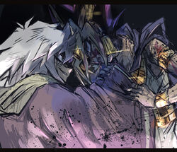  2boys arm_grab atem black_background black_hair bleeding blonde_hair blood blood_on_face clenched_teeth commentary_request dark-skinned_male dark_skin evil_smile eye_contact grey_hair hand_on_another&#039;s_neck looking_at_another male_focus multicolored_hair multiple_boys purple_eyes purple_hair shi_(shooo_ttt) simple_background smile teeth touzokuou_bakura yu-gi-oh! yu-gi-oh!_duel_monsters 