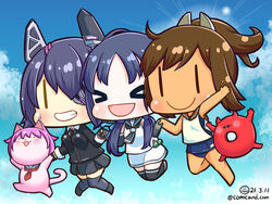  &gt;_&lt; 3girls abyssal_ship animalization black_gloves black_jacket black_neckerchief black_sailor_collar black_skirt black_thighhighs blue_eyes blue_hair blue_one-piece_swimsuit brown_eyes brown_hair checkered_necktie chibi commentary_request dark-skinned_female dark_skin elbow_gloves enemy_lifebuoy_(kancolle) eyepatch feline gloves grin headgear i-401_(kancolle) jacket jumping kantai_collection kirara_jump long_hair low_twintails multiple_girls neckerchief necktie one-piece_swimsuit ponytail purple_hair sailor_collar school_uniform serafuku shiromaru_(maniado) shirt short_hair skirt sleeveless sleeveless_shirt smile suzukaze_(kancolle) swimsuit swimsuit_under_clothes tama_(kancolle) tan tenryuu_(kancolle) thighhighs twintails white_shirt white_skirt 