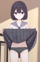  :&lt; ass_visible_through_thighs black_hair black_panties black_skirt blush bob_cut bow bow_panties breast_pocket breasts brown_background clothes_lift collarbone commentary commentary_request cowboy_shot female grey_neckerchief grey_sailor_collar groin hair_between_eyes highres lifting_own_clothes light_particles looking_at_viewer neckerchief original panties parted_lips pleated_skirt pocket polka_dot polka_dot_panties purple_eyes railing sailor_collar school_uniform serafuku shirt shooko short_hair skirt skirt_lift small_breasts solo standing thigh_gap underwear white_shirt 