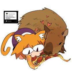  2023 :3 ambiguous_gender animal_humanoid big_eyes black_clothing black_feet black_footwear blonde_hair bread brown_body brown_fur capybara cat_humanoid cat_smile caviid cheese clothing curled_up dairy_products digital_drawing_(artwork) digital_media_(artwork) domestic_cat duo eating eating_food english_text featureless_hands feet felid felid_humanoid feline feline_humanoid felis female feral food footwear fungus fur hair happy heart_symbol hi_res humanoid inner_ear_fluff instagram light_body light_skin loaf looking_at_food looking_at_object looking_down mammal mammal_humanoid mushroom neco-arc neco_spirit orange_hair orange_tail paccha_(artist) pepperoni pepperoni_pizza pizza pizza_slice pupils purple_body purple_skin red_eyes red_pupils rodent seasoning shaded simple_background slit_pupils sweater tail text topwear tsukihime tuft type-moon white_background white_clothing white_inner_ear_fluff white_sweater white_topwear 